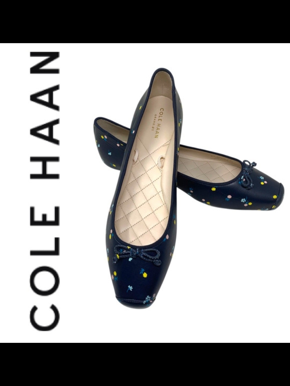 Cole Haan Navy Ballet Flats with Tiny Multicolor Flowers